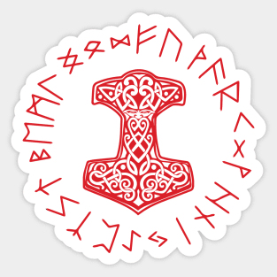 Red Viking Mjolnir and Norse Rune Wheel Sticker